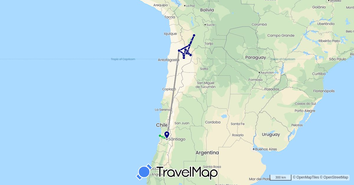 TravelMap itinerary: driving, bus, plane in Bolivia, Chile (South America)
